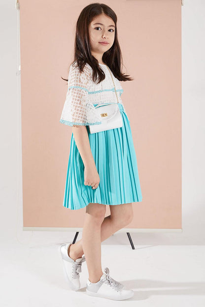 Turquoise Lace Pleated Girl's Bag and Belt Dress 15071