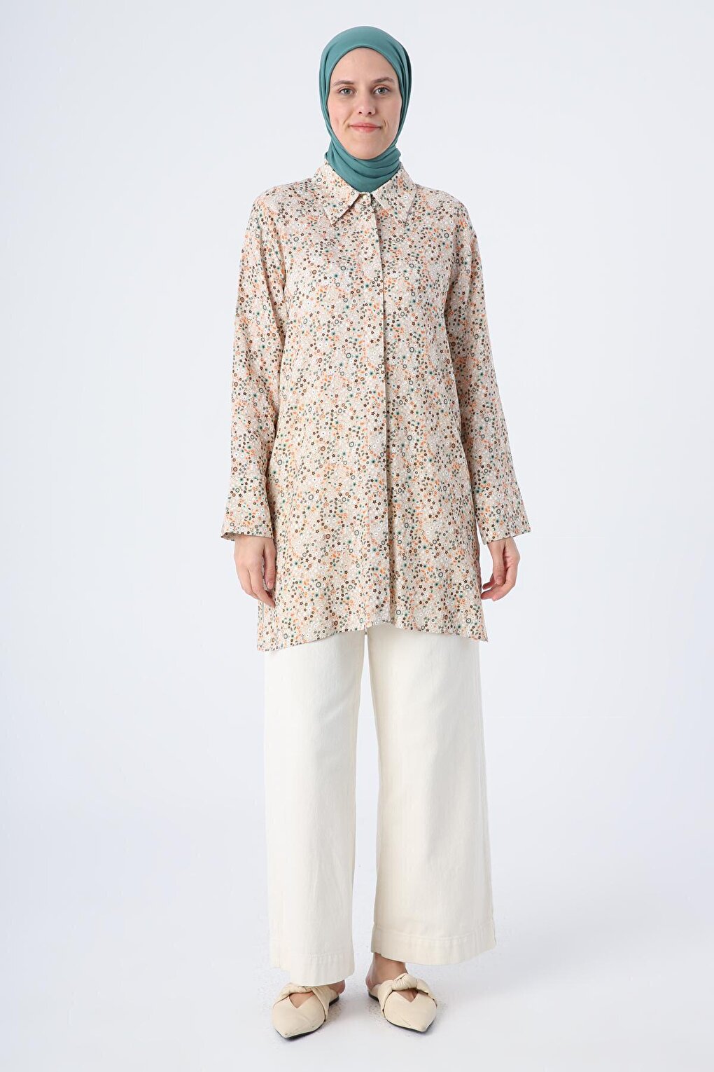 Beige-Brown Patterned Hidden Placket Slit Viscose Linen Shirt Tunic