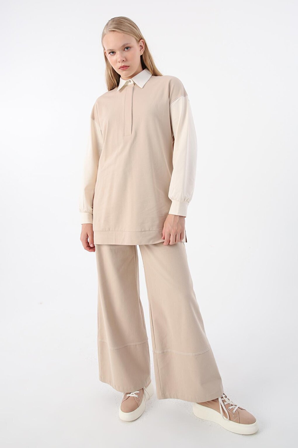 Beige-Brown Cotton Garnished Thin Square Stitched Tunic