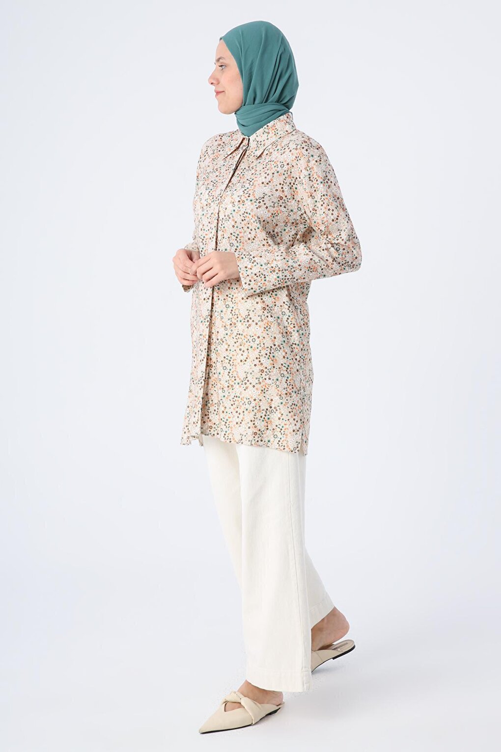 Beige-Brown Patterned Hidden Placket Slit Viscose Linen Shirt Tunic