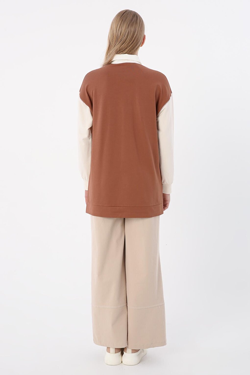 Beige-Brown Cotton Garnished Thin Square Stitched Tunic