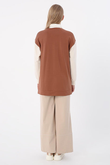 Beige-Brown Cotton Garnished Thin Square Stitched Tunic