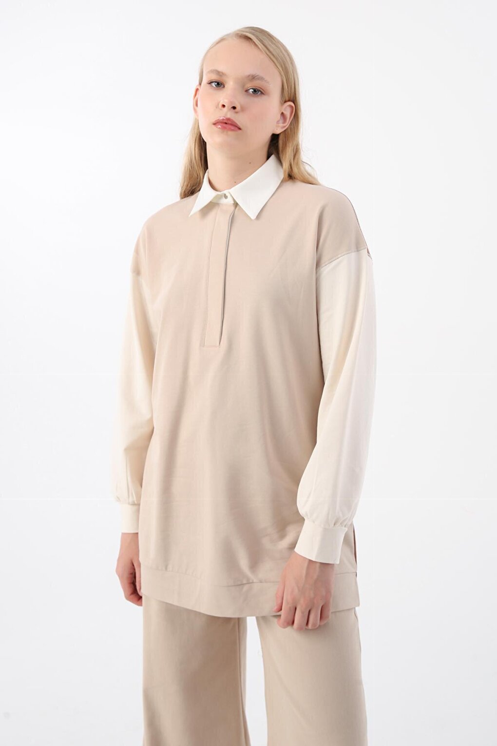 Beige-Brown Cotton Garnished Thin Square Stitched Tunic