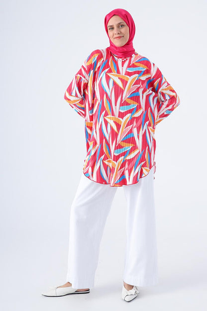 Pink-White Pleated Printed Patterned Comfortable Fit Tunic