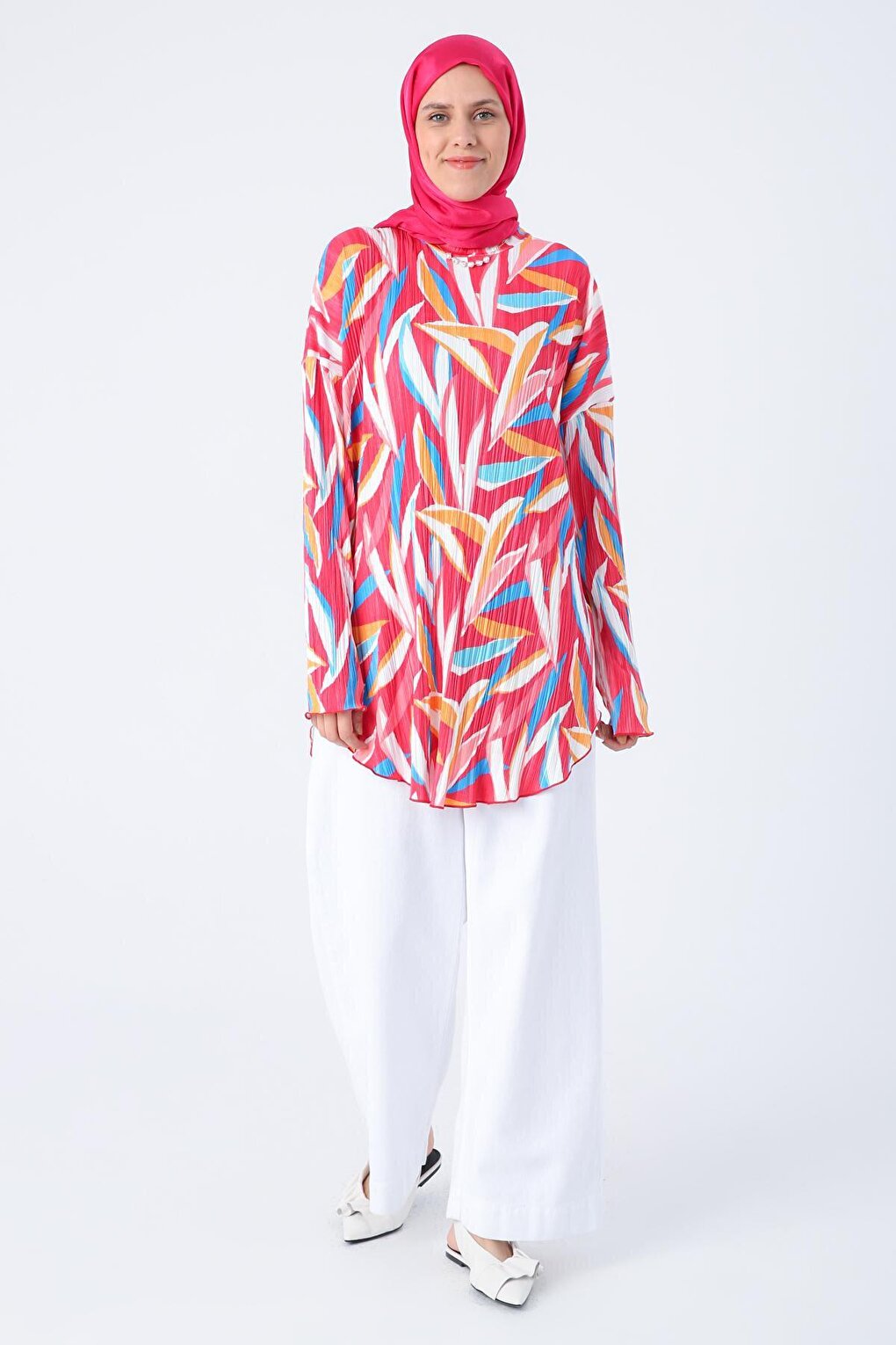 Pink-White Pleated Printed Patterned Comfortable Fit Tunic