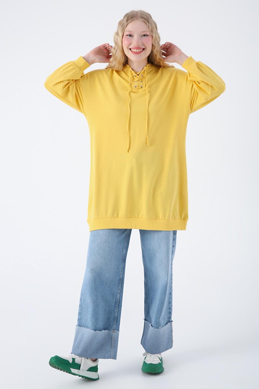 Yellow Cotton Sweat Tunic with Tie Detail on the Collar