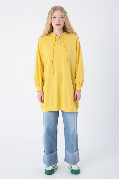 Yellow Cotton Sweat Tunic with Tie Detail on the Collar