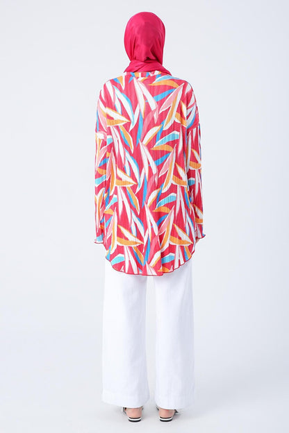 Pink-White Pleated Printed Patterned Comfortable Fit Tunic