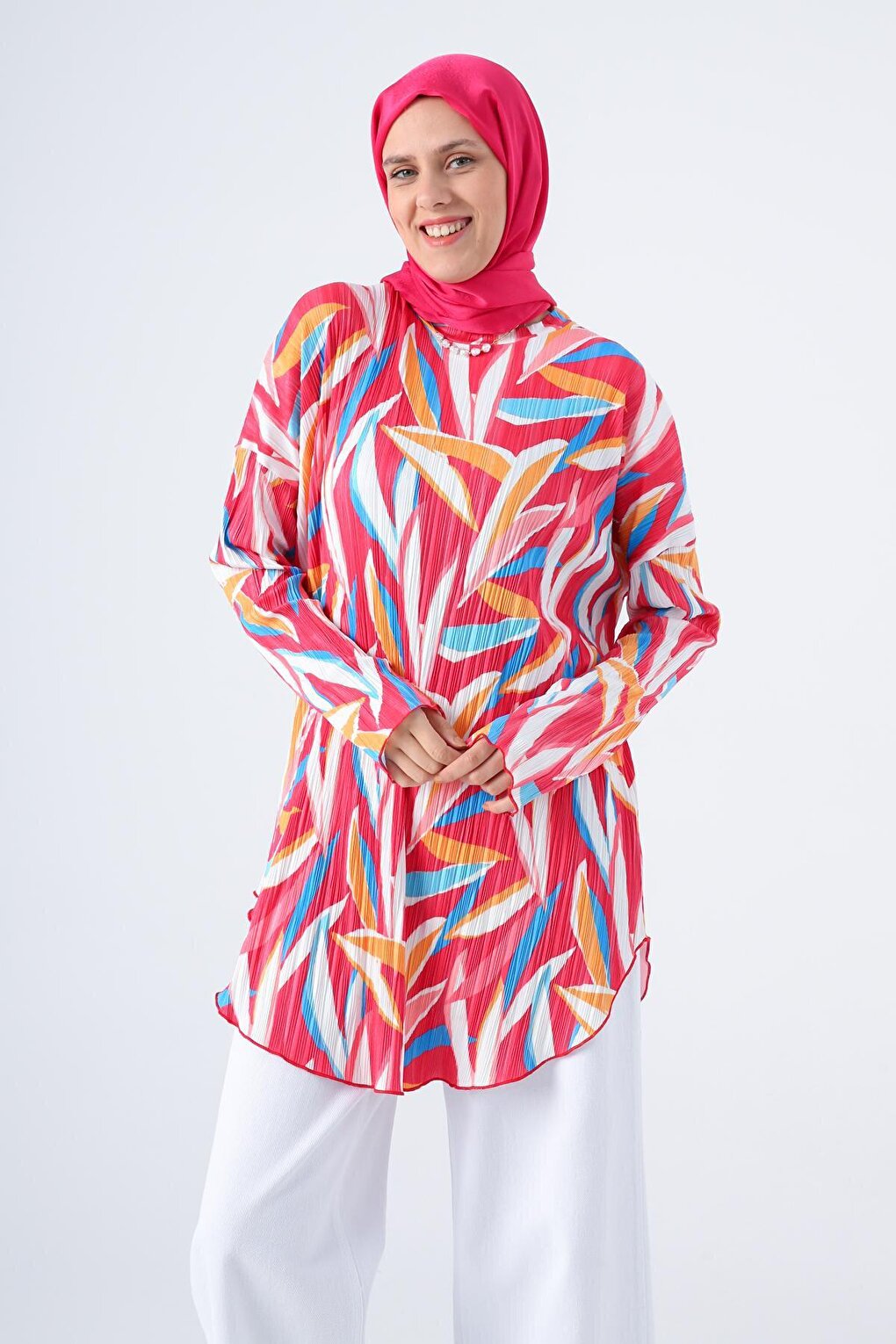 Pink-White Pleated Printed Patterned Comfortable Fit Tunic