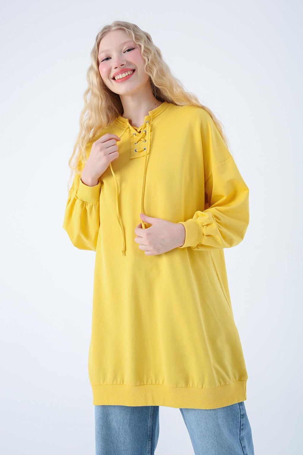 Yellow Cotton Sweat Tunic with Tie Detail on the Collar