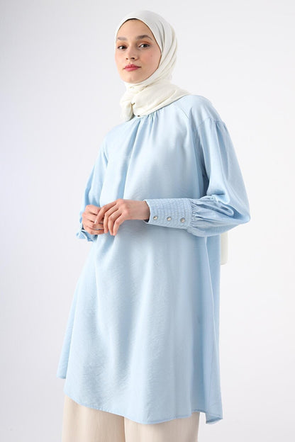 Light Blue Viscose Tunic with Gathering Detail on Collar and Glitter Stitching on Cuffs