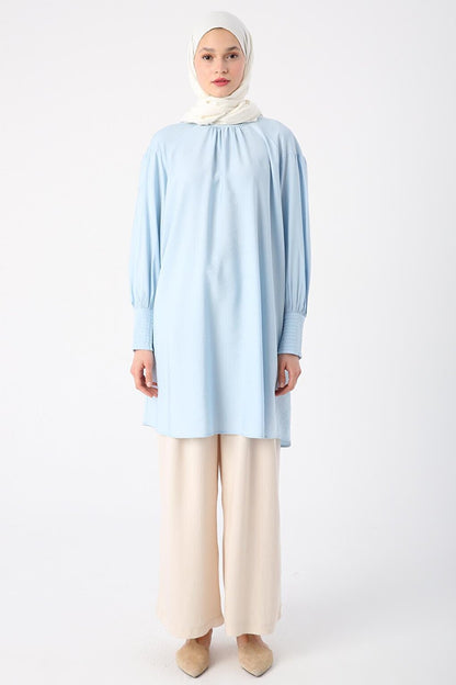 Light Blue Viscose Tunic with Gathering Detail on Collar and Glitter Stitching on Cuffs