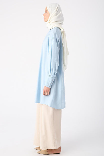 Light Blue Viscose Tunic with Gathering Detail on Collar and Glitter Stitching on Cuffs