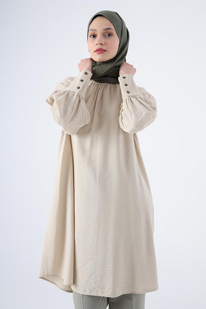 Beige Collar Viscose Tunic with Gathering Detail and Glitter Stitching at Cuffs