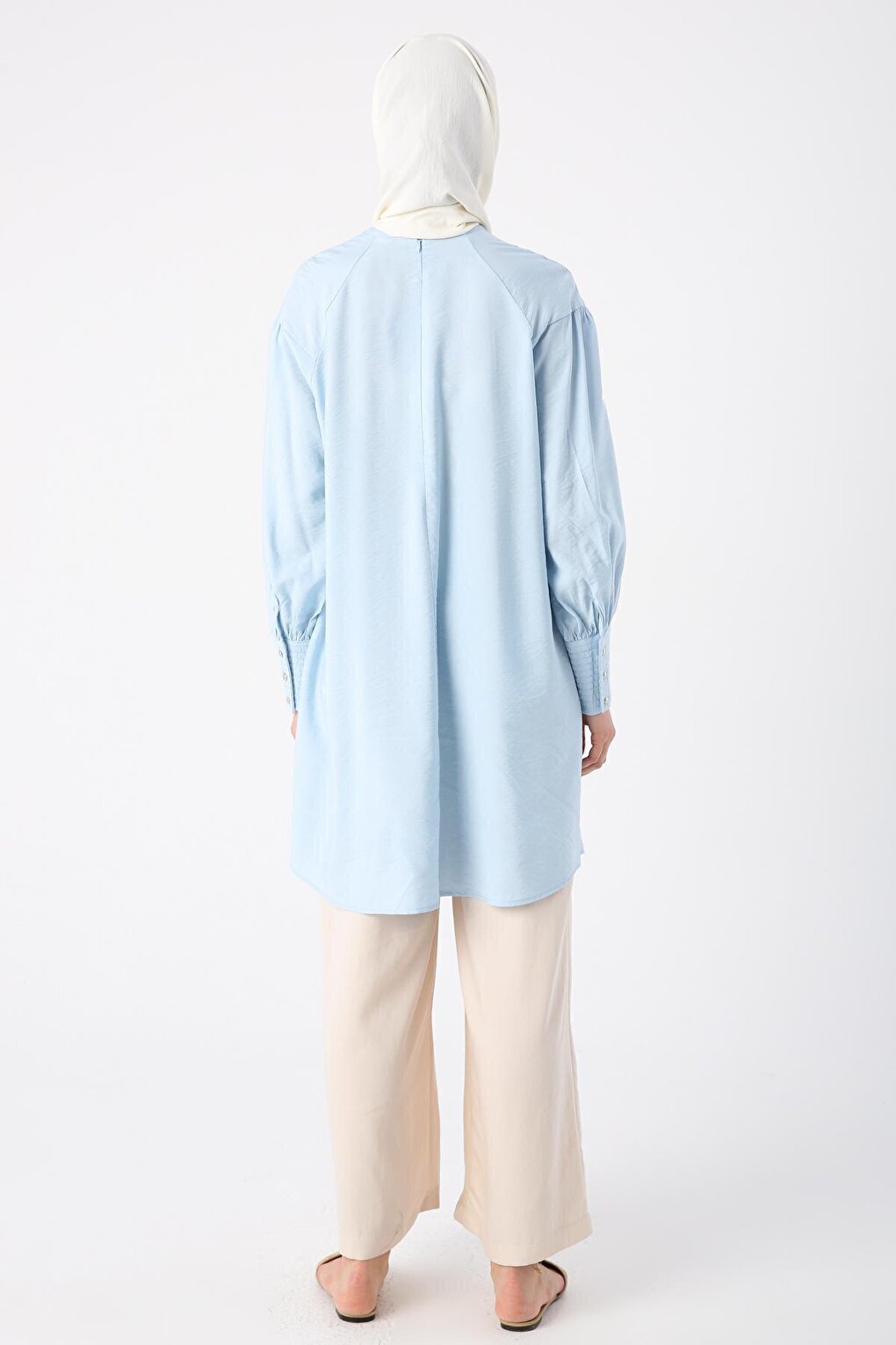 Light Blue Viscose Tunic with Gathering Detail on Collar and Glitter Stitching on Cuffs