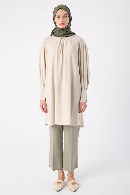 Beige Collar Viscose Tunic with Gathering Detail and Glitter Stitching at Cuffs