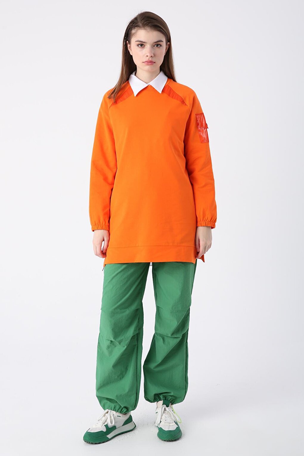 Orange Cotton Garnished Sweat Tunic with Pocket Detail