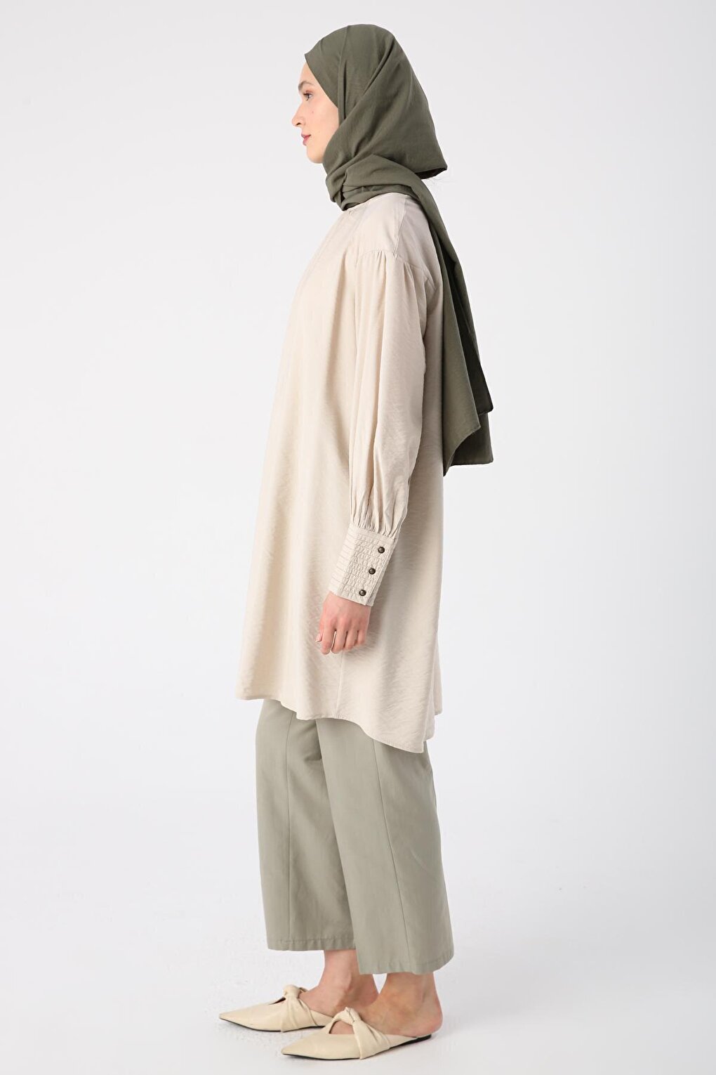 Beige Collar Viscose Tunic with Gathering Detail and Glitter Stitching at Cuffs