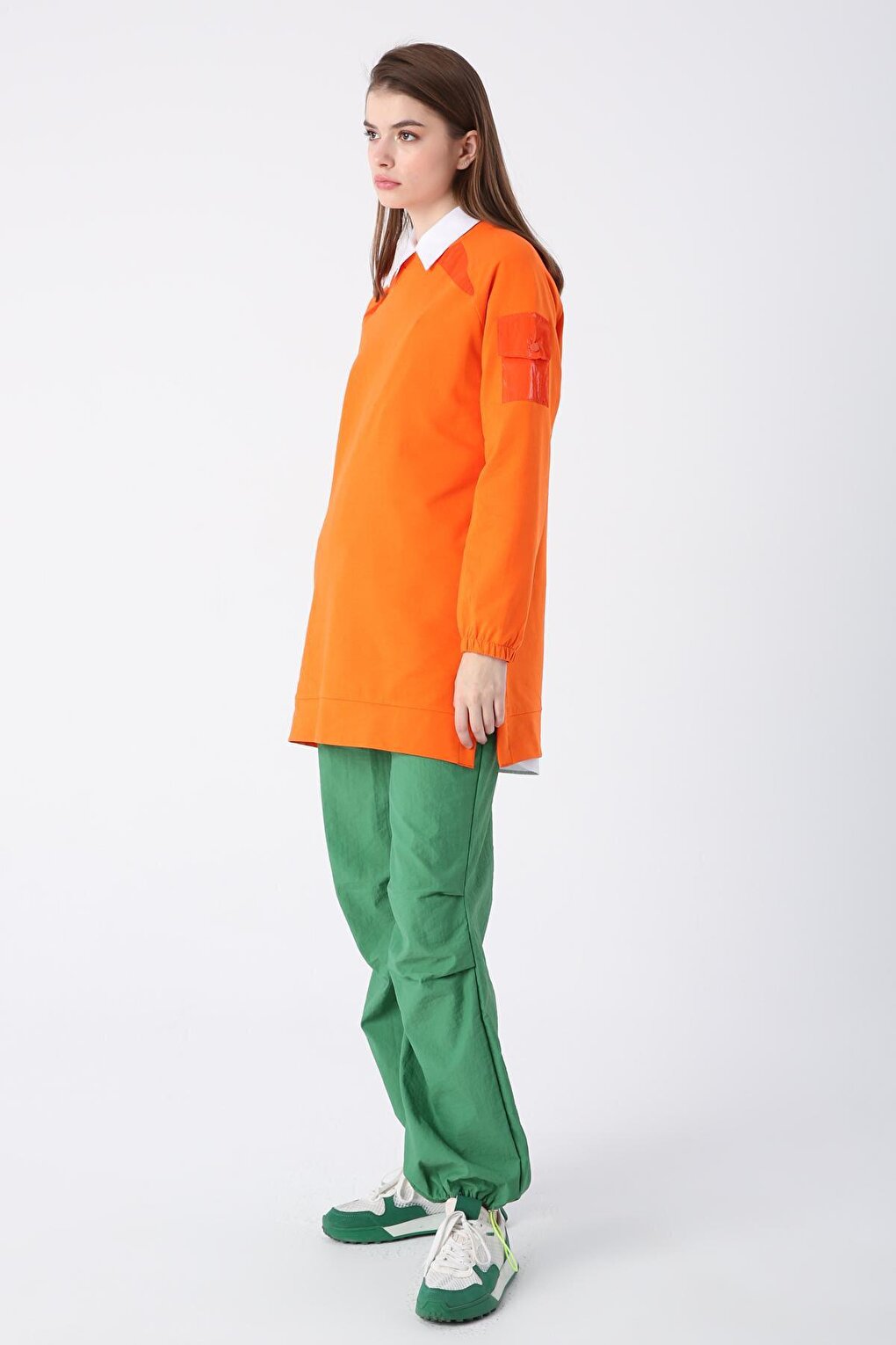 Orange Cotton Garnished Sweat Tunic with Pocket Detail