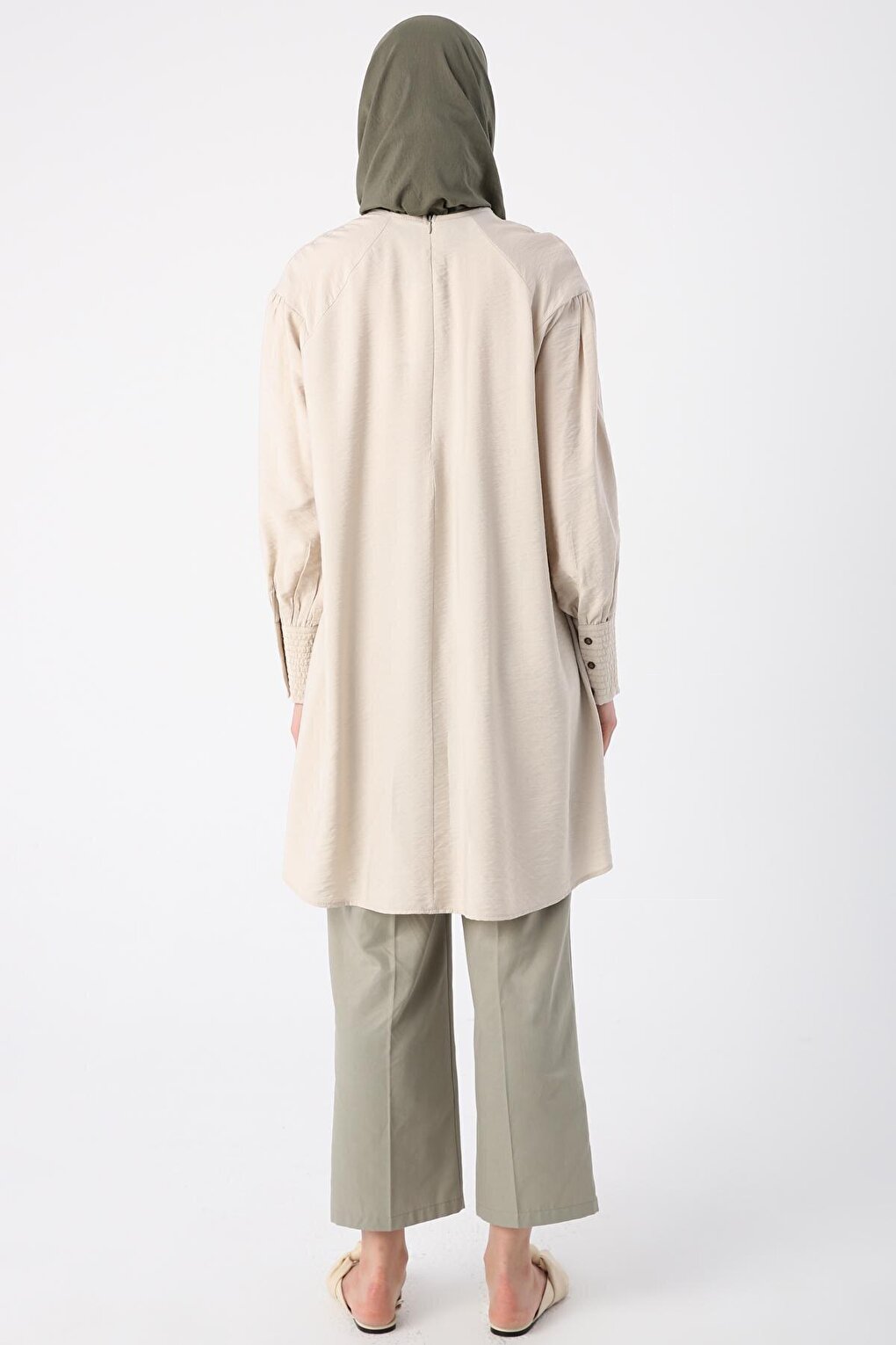 Beige Collar Viscose Tunic with Gathering Detail and Glitter Stitching at Cuffs