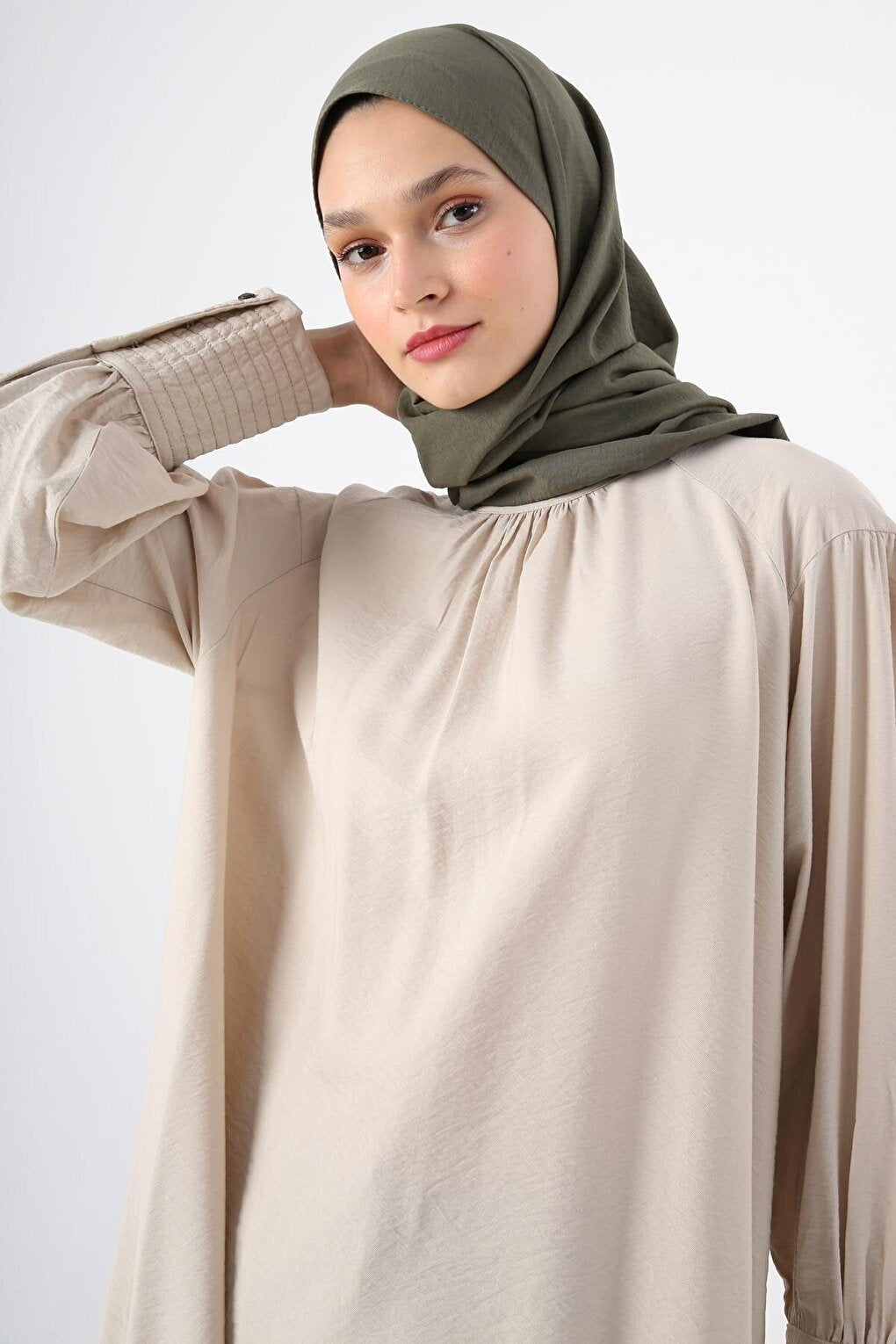 Beige Collar Viscose Tunic with Gathering Detail and Glitter Stitching at Cuffs