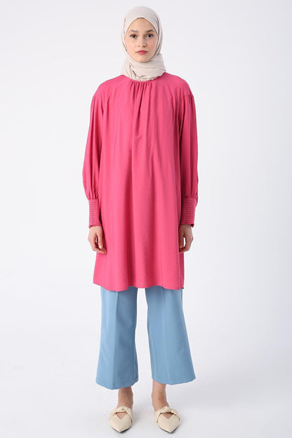 Pink Viscose Tunic with Gathering Detail on the Collar and Glitter Stitching on the Cuffs