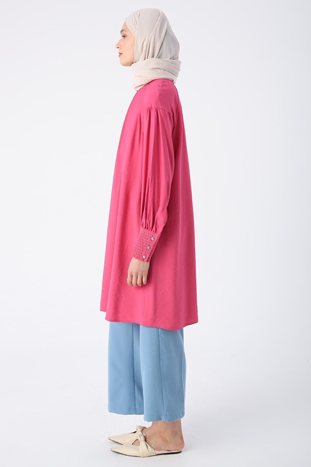 Pink Viscose Tunic with Gathering Detail on the Collar and Glitter Stitching on the Cuffs