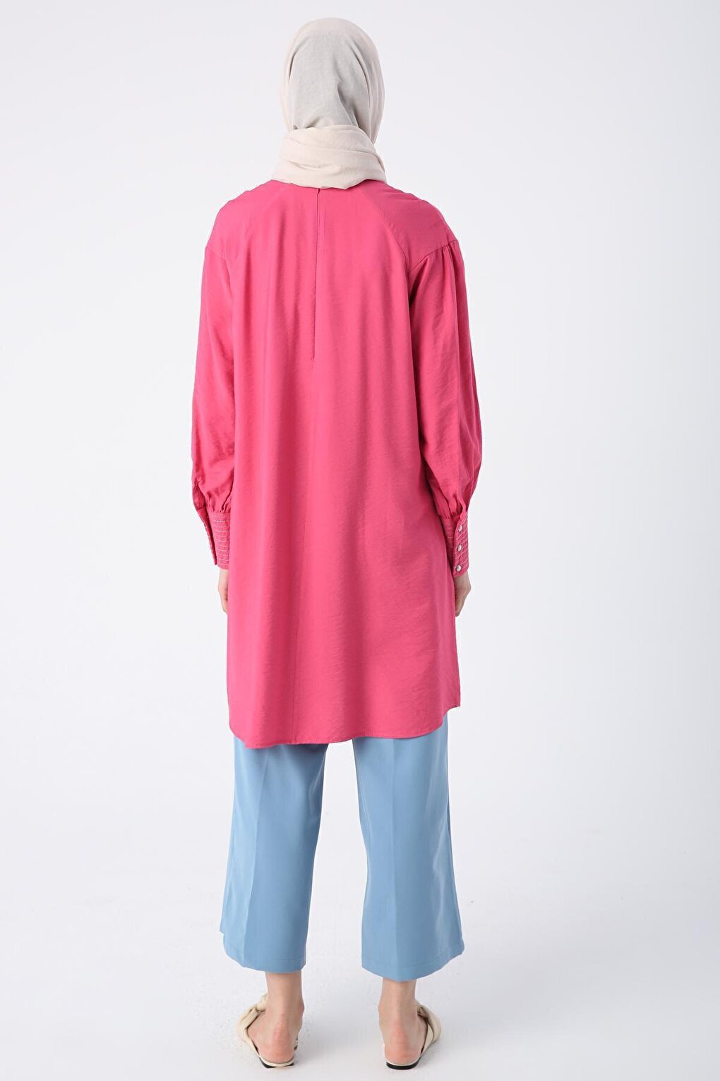 Pink Viscose Tunic with Gathering Detail on the Collar and Glitter Stitching on the Cuffs