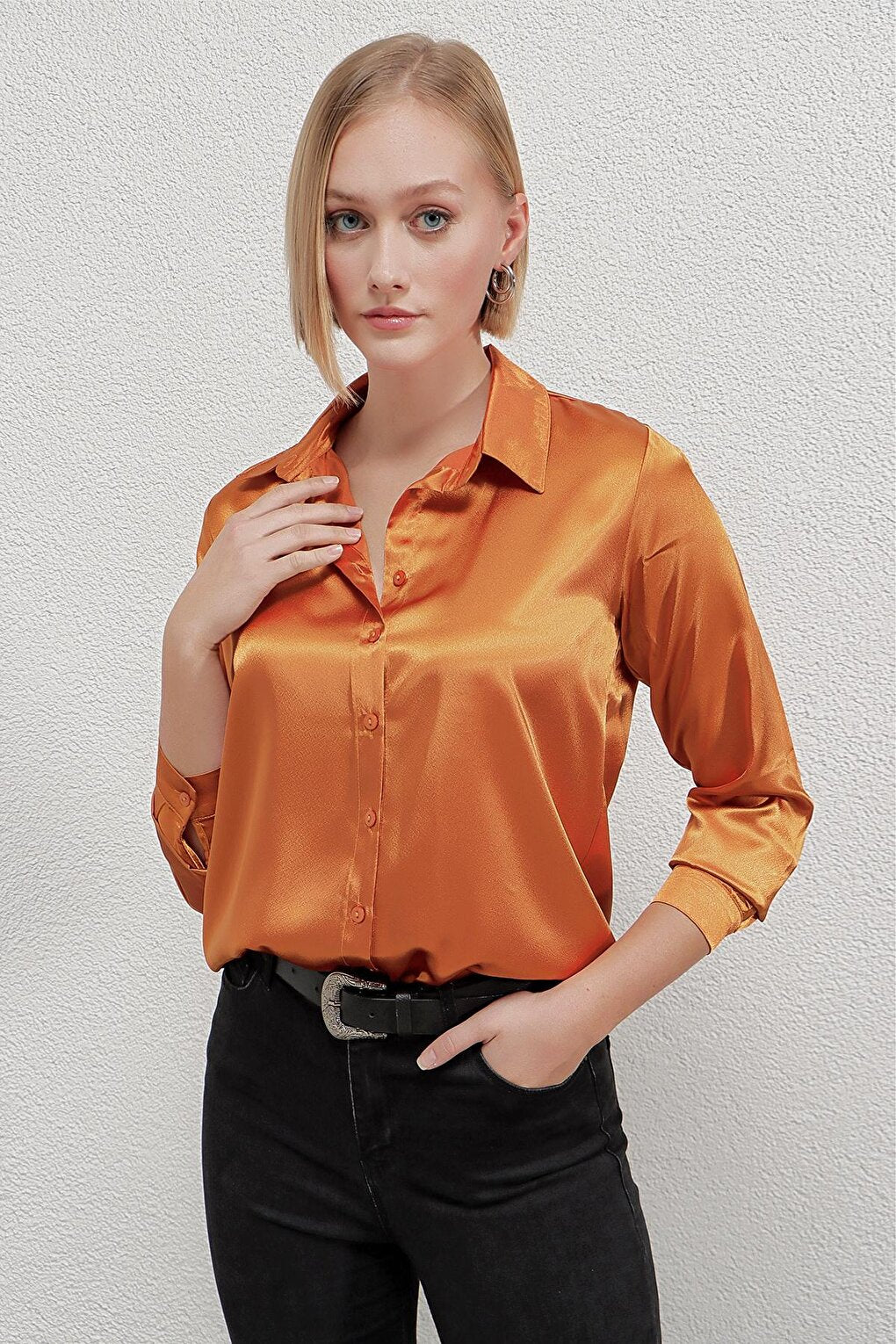 Women's Orange Lightly Flowing Satin Surface Shirt HZL22W-BD139641