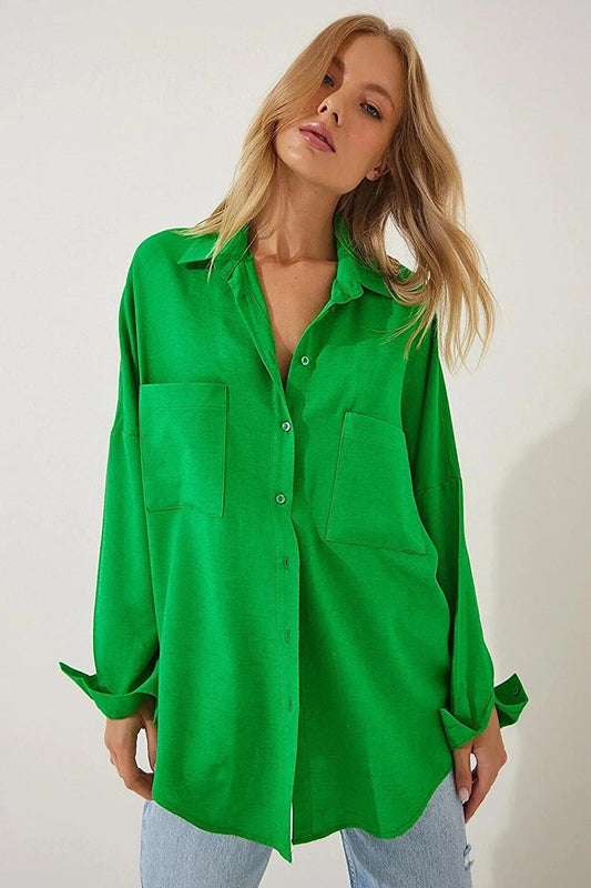 Women's Green Oversize Double Pocket Linen Shirt HZL22S-BD1201261