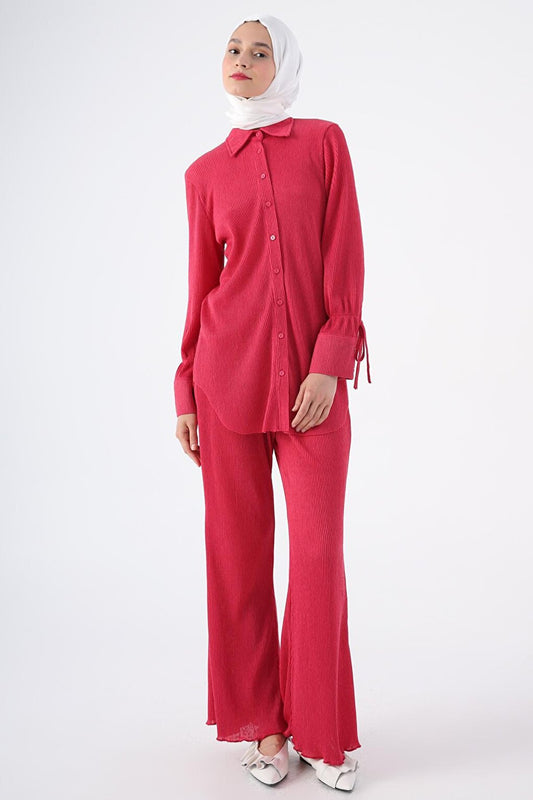 Fuchsia Pleated Sleeves Shirt Tunic with Lace Detail