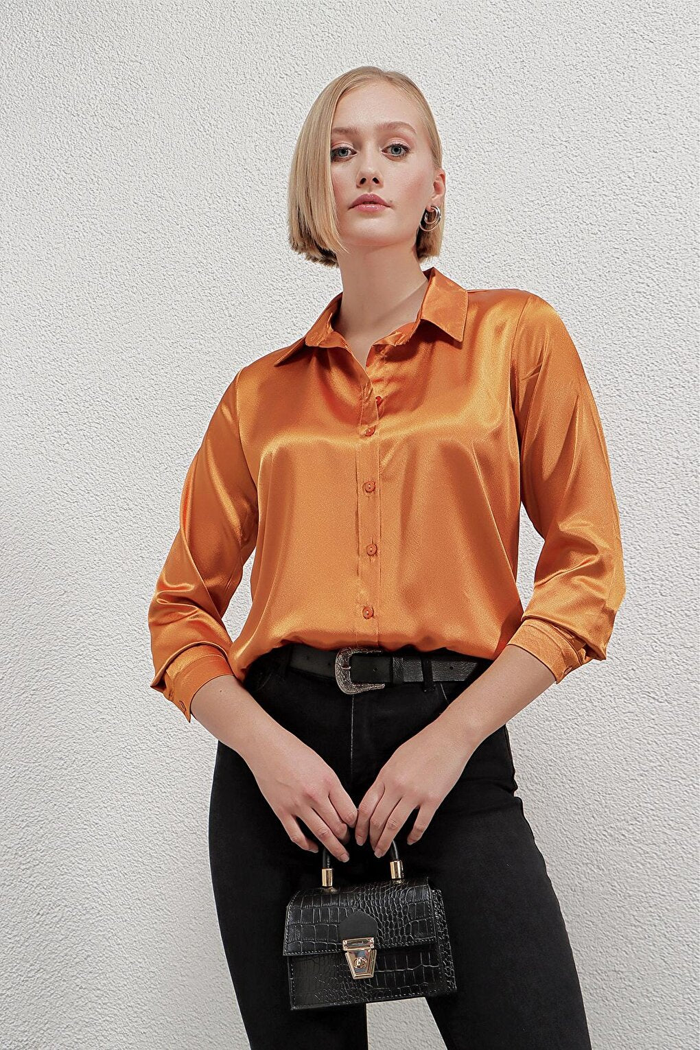 Women's Orange Lightly Flowing Satin Surface Shirt HZL22W-BD139641