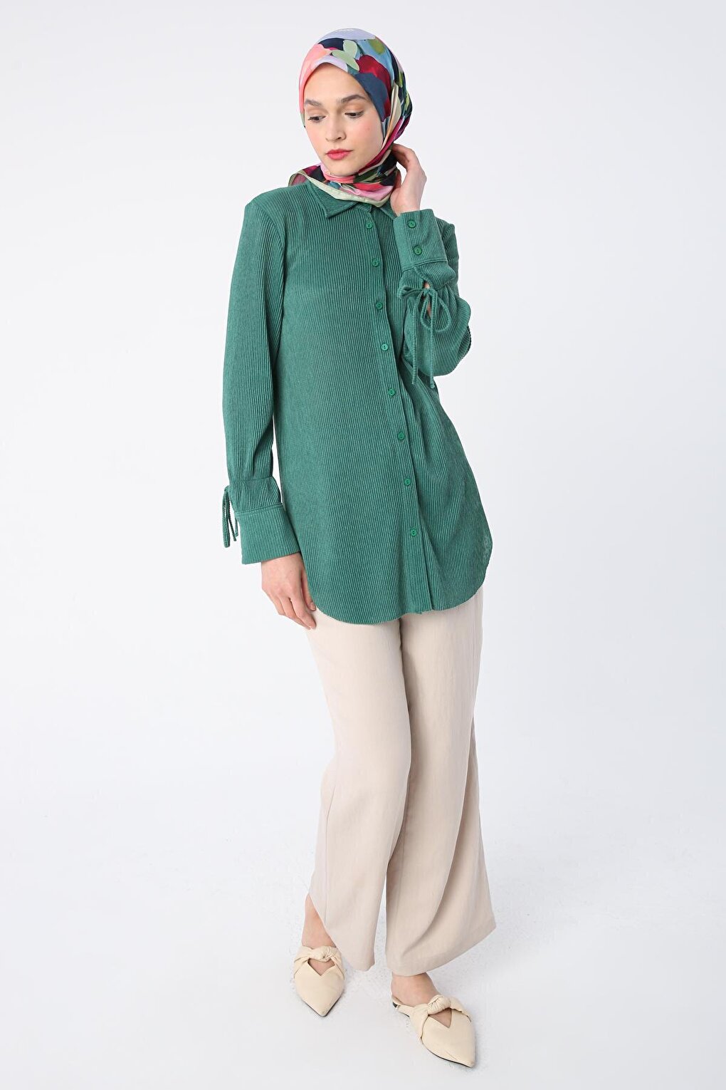 Green Pleated Sleeves Shirt Tunic with Lace Detail