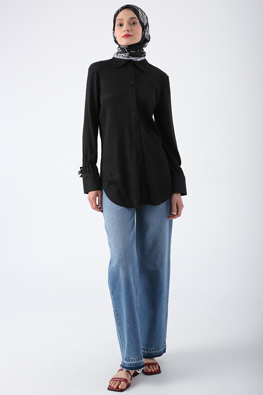 Anthracite Pleated Sleeves Shirt Tunic with Lace Detail