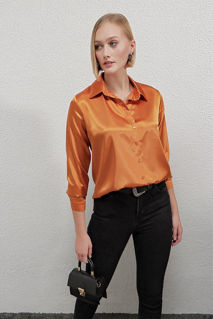 Women's Orange Lightly Flowing Satin Surface Shirt HZL22W-BD139641