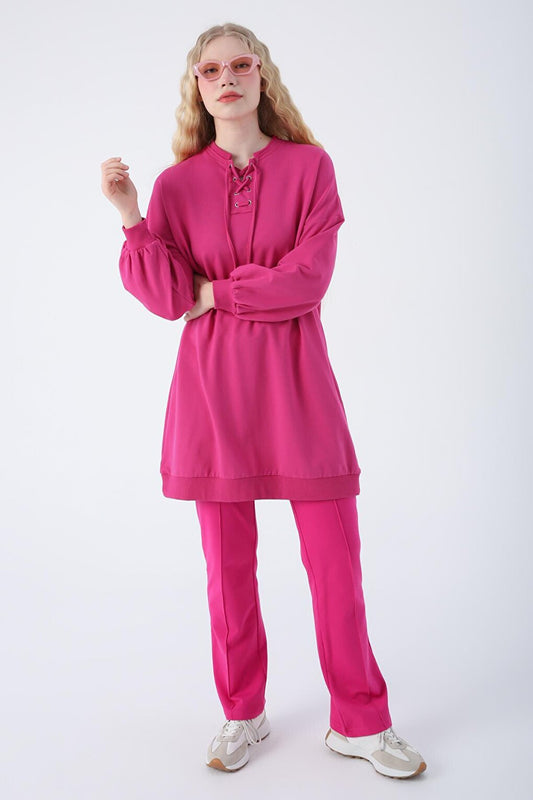 Fuchsia Cotton Sweat Tunic with Lace Detail on the Collar