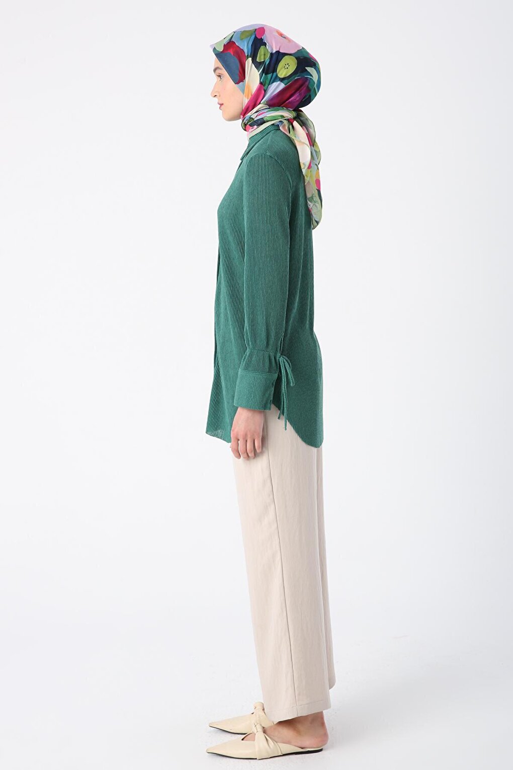 Green Pleated Sleeves Shirt Tunic with Lace Detail