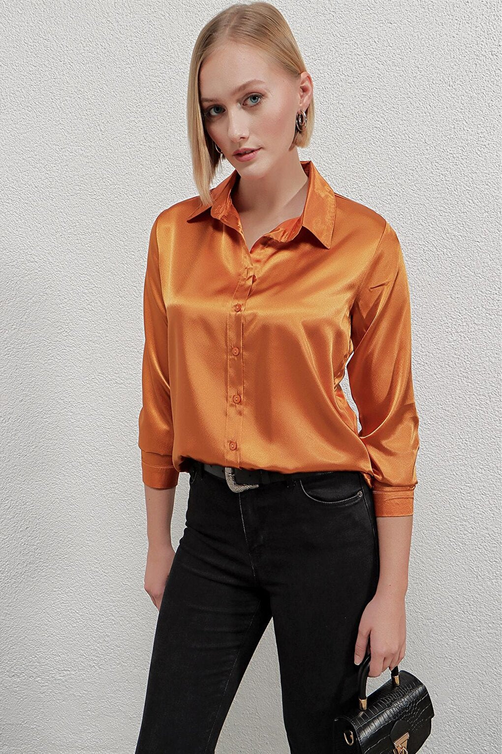 Women's Orange Lightly Flowing Satin Surface Shirt HZL22W-BD139641