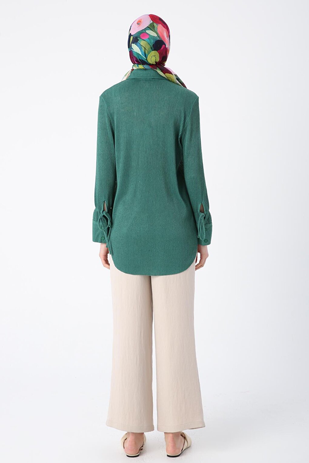 Green Pleated Sleeves Shirt Tunic with Lace Detail