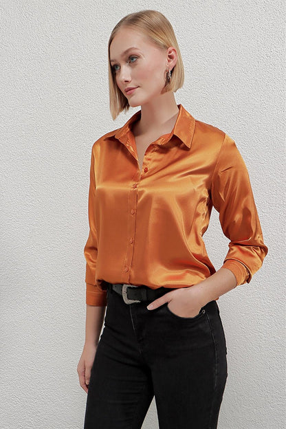 Women's Orange Lightly Flowing Satin Surface Shirt HZL22W-BD139641