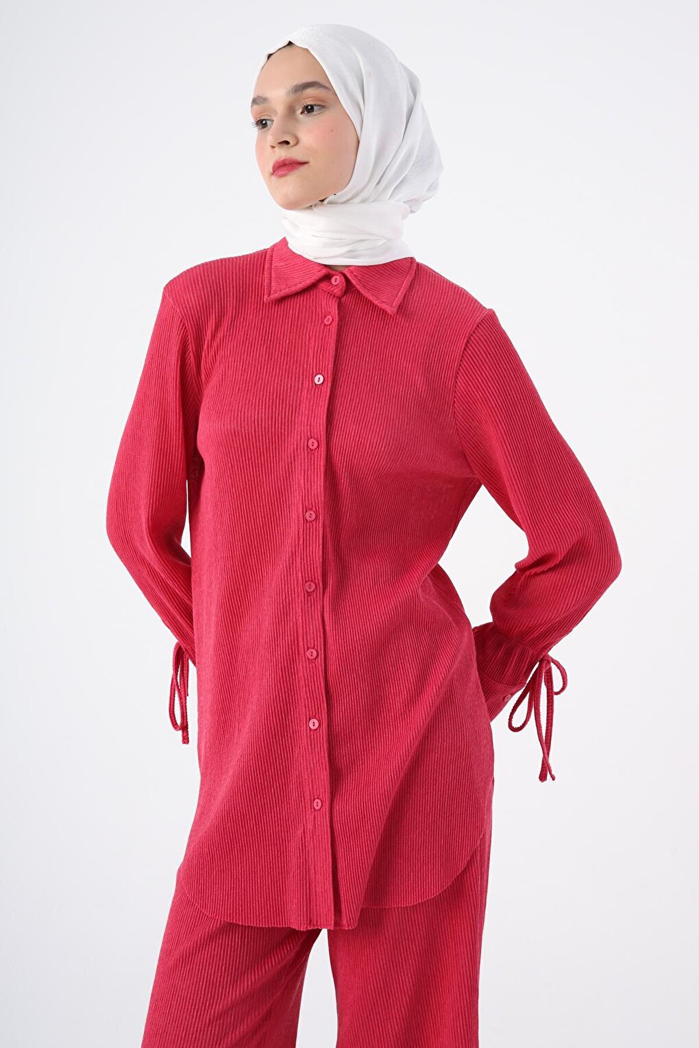 Fuchsia Pleated Sleeves Shirt Tunic with Lace Detail