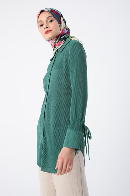 Green Pleated Sleeves Shirt Tunic with Lace Detail