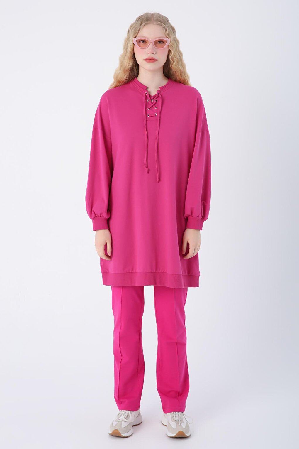 Fuchsia Cotton Sweat Tunic with Lace Detail on the Collar