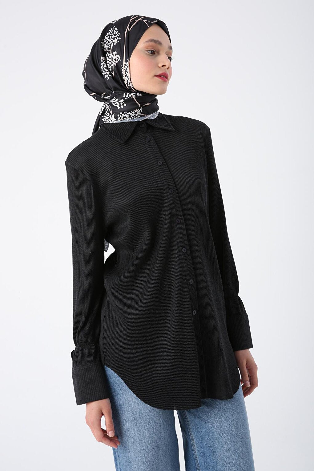 Anthracite Pleated Sleeves Shirt Tunic with Lace Detail