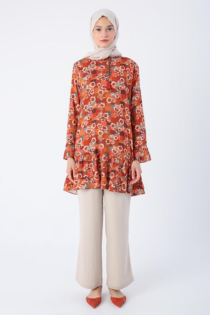 Patterned Viscose Tunic with Brick-Beige Collar, Frilled Sleeves and Zipper Closure on the Skirt