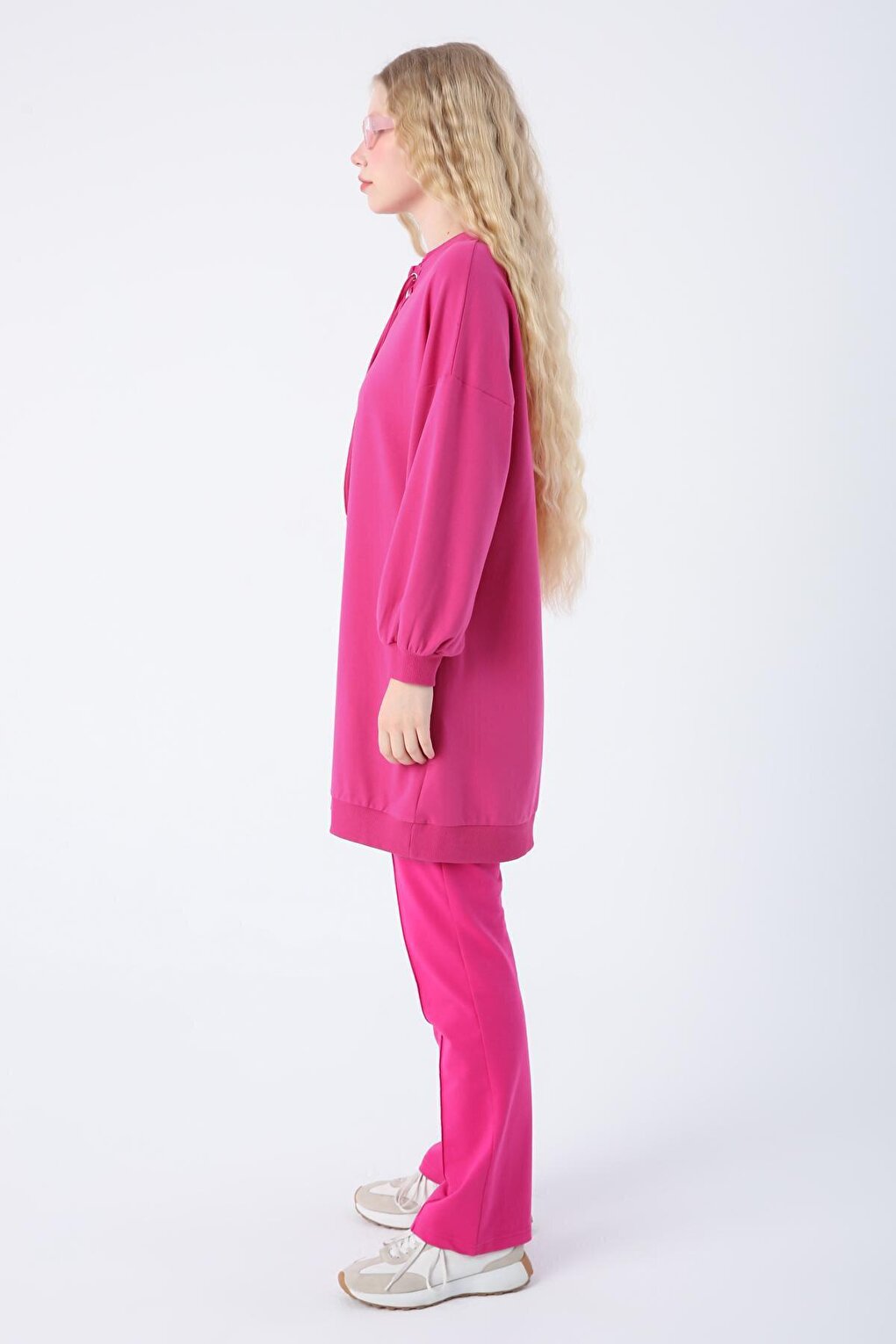 Fuchsia Cotton Sweat Tunic with Lace Detail on the Collar