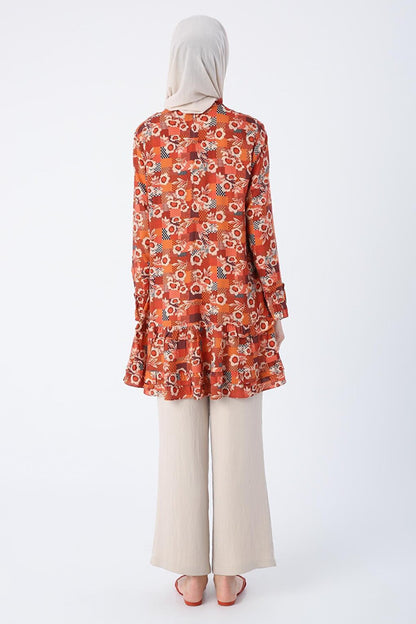 Patterned Viscose Tunic with Brick-Beige Collar, Frilled Sleeves and Zipper Closure on the Skirt