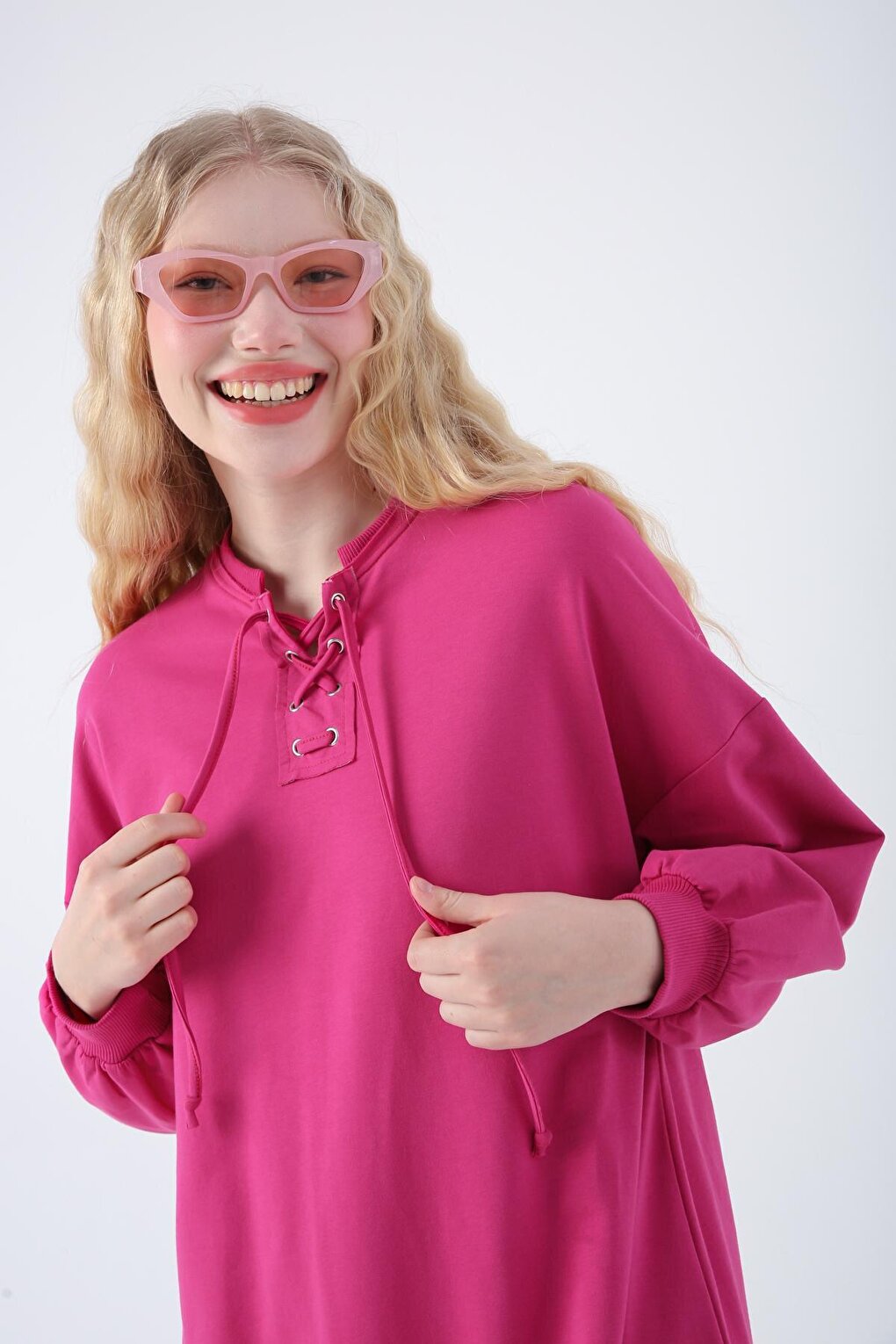 Fuchsia Cotton Sweat Tunic with Lace Detail on the Collar