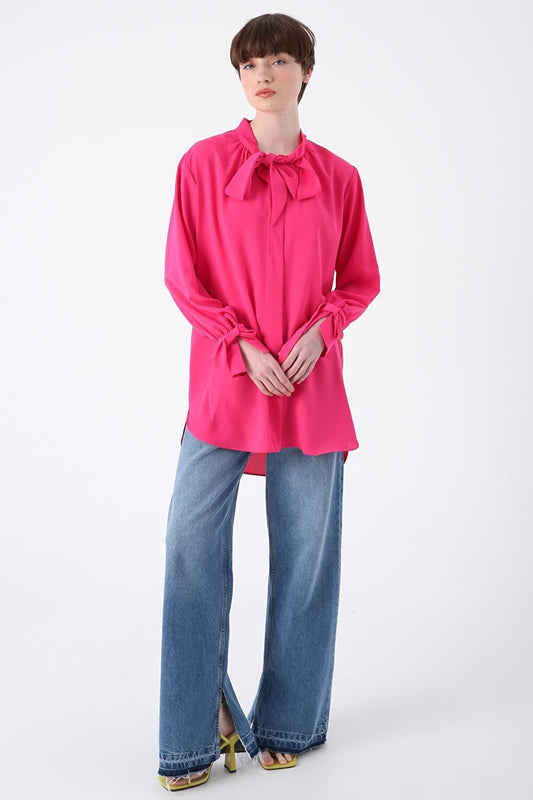 Pink Shirt Tunic with Scarf on Collar and Tie Sleeve Detail