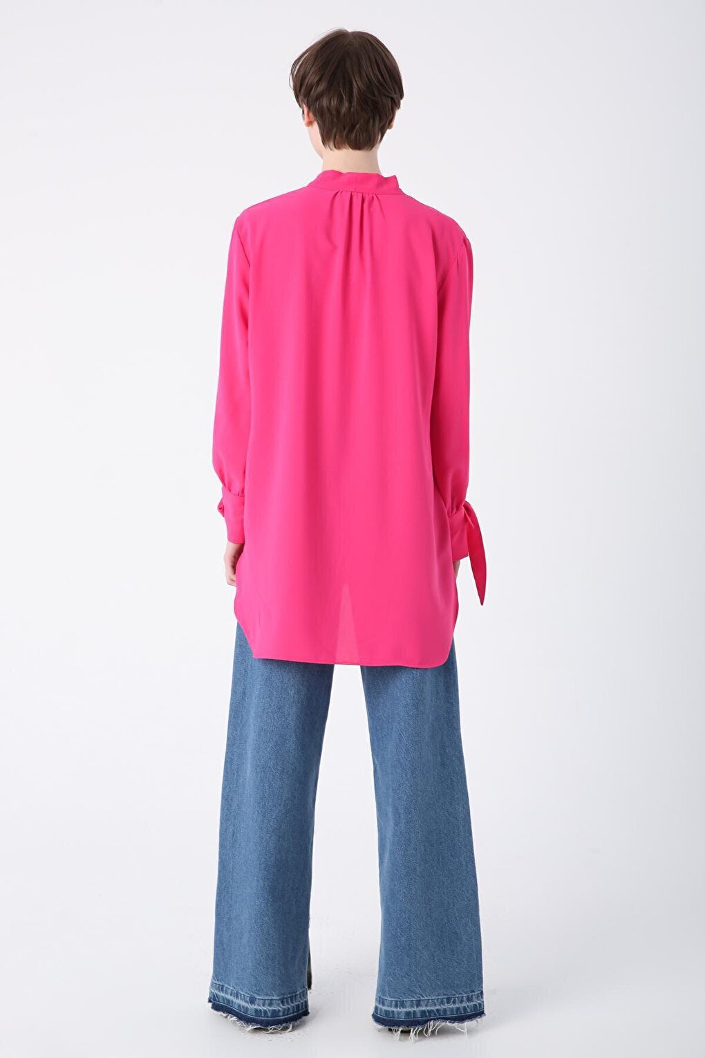 Pink Shirt Tunic with Scarf on Collar and Tie Sleeve Detail